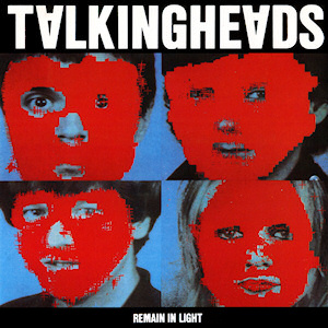 Album cover containing four portraits covered by red blocks of colour, captioned "TALKING HEADS" (with inverted "A"s) at the top and (much smaller) "REMAIN IN LIGHT" at the bottom.